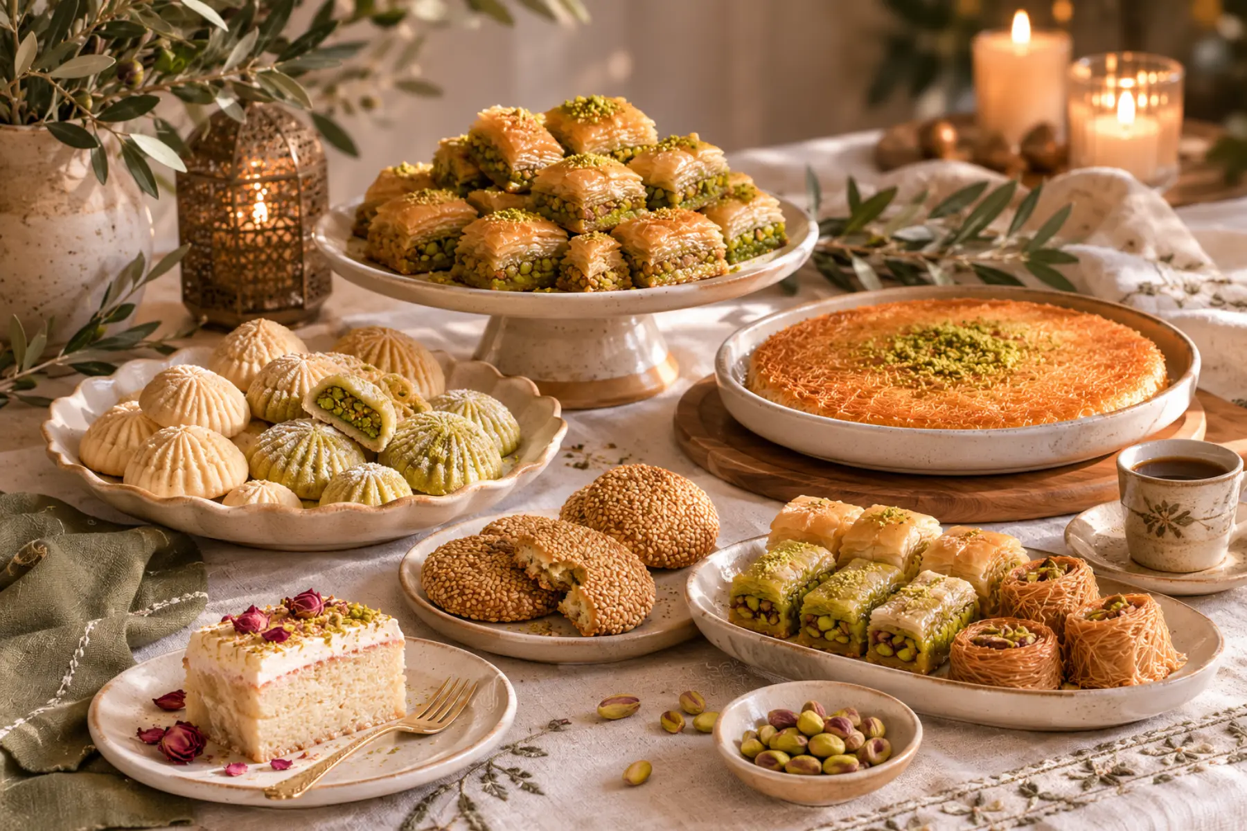 A spread of baklava, maamoul, kanafeh and rose milk cake laid out on a table